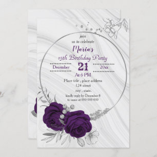Invitación cumpleaños floral de plata púrpura real
