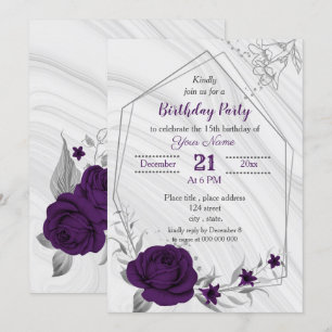 Invitación cumpleaños floral de plata púrpura real