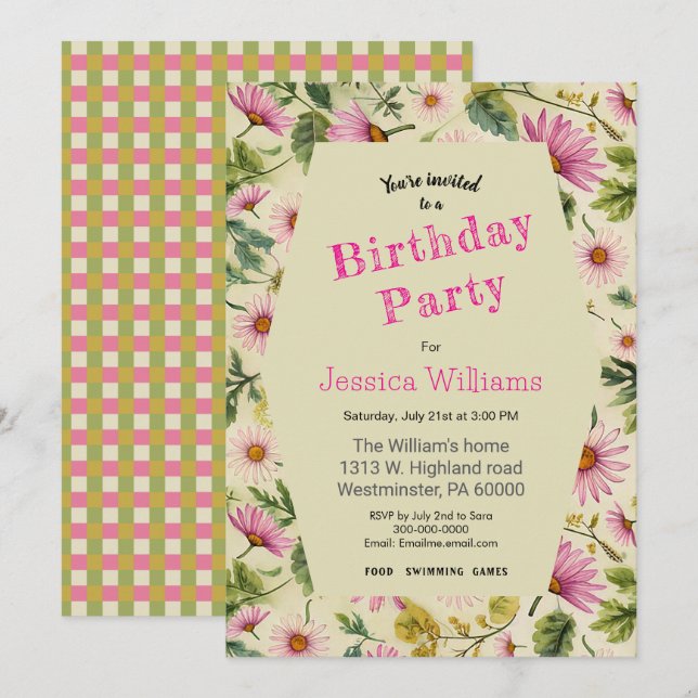 Invitación Cumpleaños floral de primavera (Anverso / Reverso)