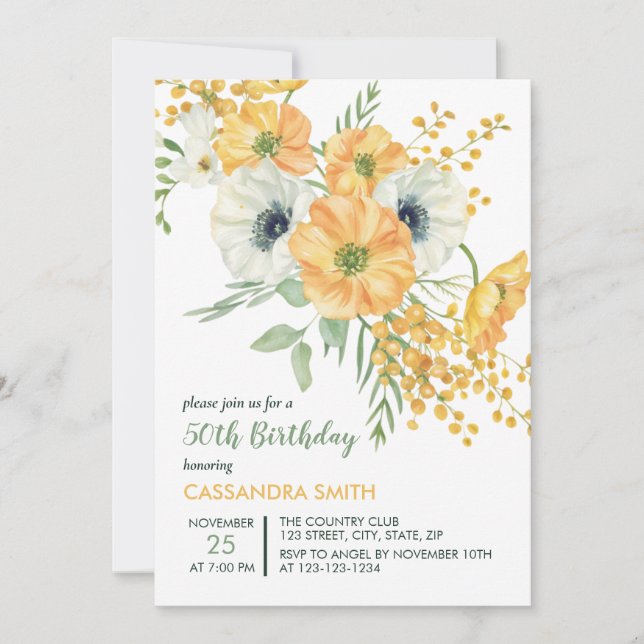 Invitación Cumpleaños Floral de Primavera naranja y Anemone B (Anverso)
