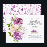 Invitación Cumpleaños Floral de Purple Peonies<br><div class="desc">Invitación floral a la fiesta de cumpleaños con maravillosas peonías púrpura y crema pintadas a mano y hojas verdes frondosas. Invierta nuestra invitación para ver una mariposa color púrpura de forma coordinada para un toque especial.</div>