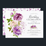 Invitación Cumpleaños Floral de Purple Peonies<br><div class="desc">Invitación floral a la fiesta de cumpleaños con magníficas paginas pintadas a mano y peonías de crema y hojas verdes frondosas.  Invierta nuestra invitación para ver una mariposa de color morado coordinada para un toque especial.</div>