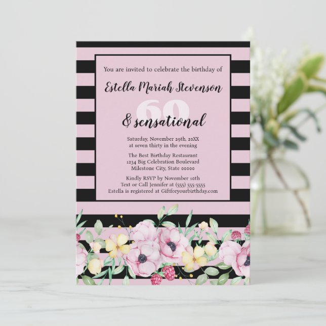 Invitación Cumpleaños Floral de Rayas Rosadas con Rubor Negro (Anverso de pie)