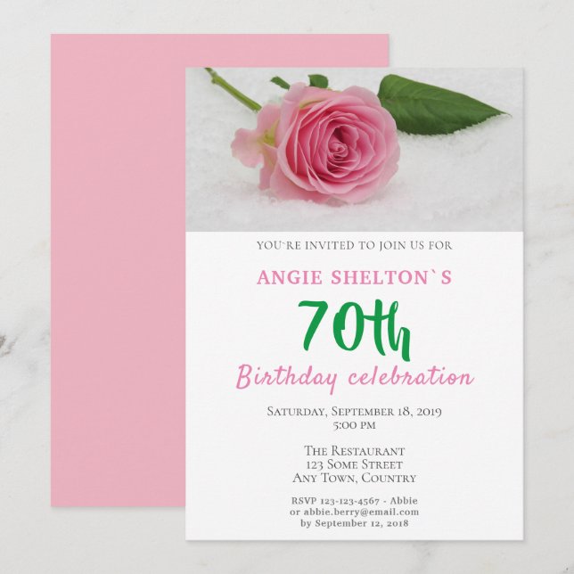 Invitación Cumpleaños floral de rosa rosa 70 (Anverso / Reverso)