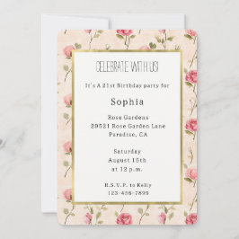 Invitación Cumpleaños floral de rosas crema rosadas bonitas