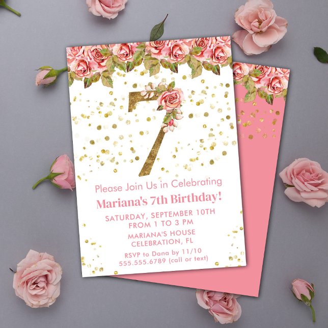 Invitación Cumpleaños floral de rosas rosadas 7º (Subido por el creador)