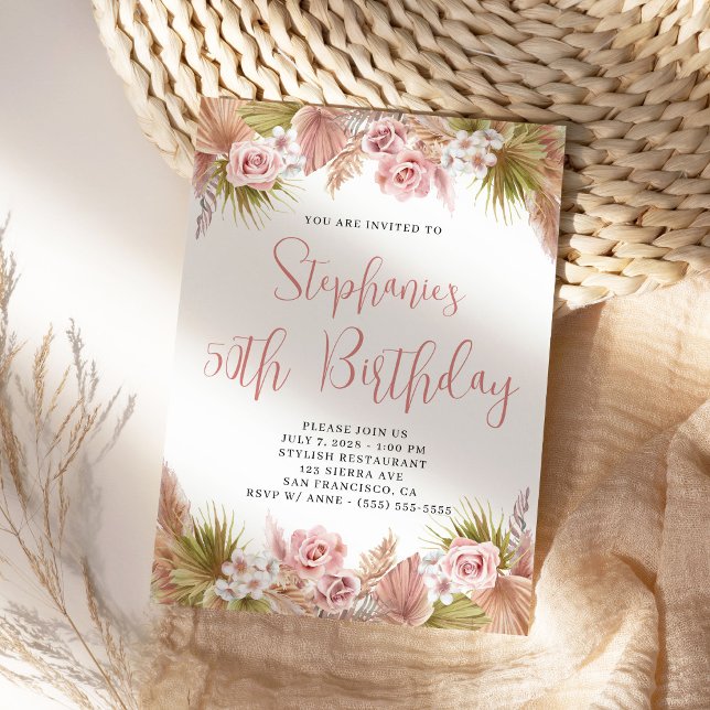 Invitación Cumpleaños Floral de Rubor Pampas Grass Boho (Boho Blush Floral Birthday Invite)