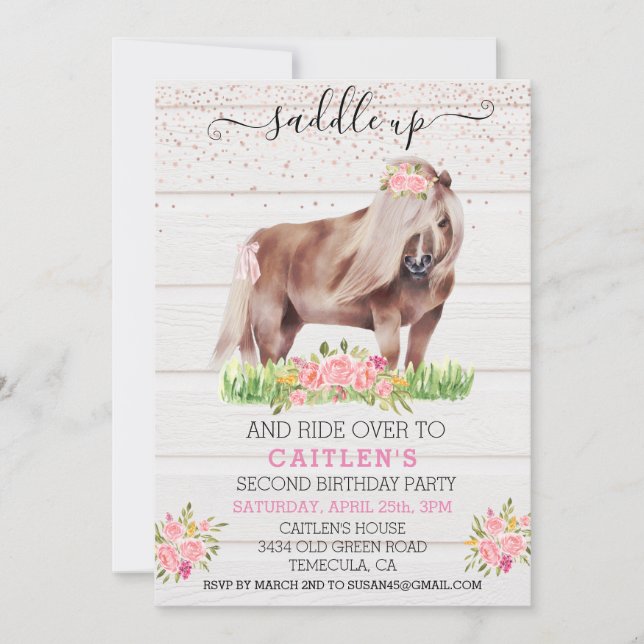 Invitación Cumpleaños Floral de Saddle Up Pony Chica (Anverso)