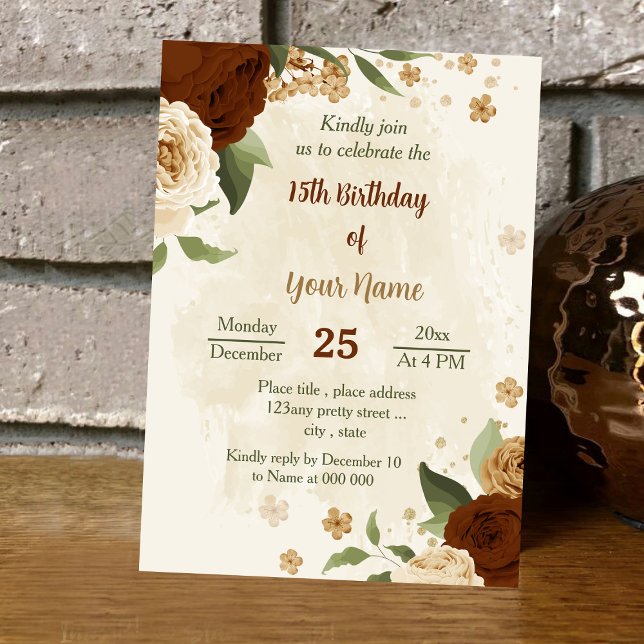 Invitación cumpleaños floral de terracota earth tone (Subido por el creador)