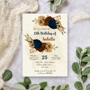 Invitación cumpleaños floral de terracota earth tone navy