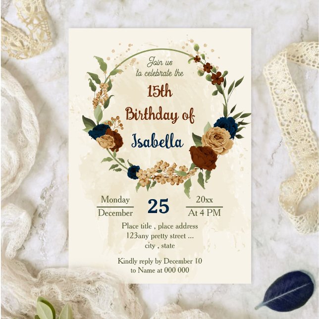 Invitación cumpleaños floral de terracota earth tone navy (Subido por el creador)