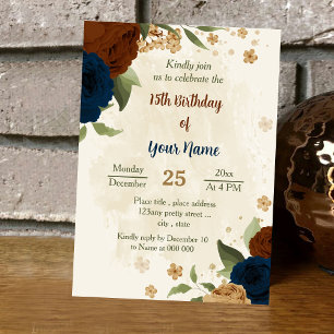 Invitación cumpleaños floral de terracota earth tone navy