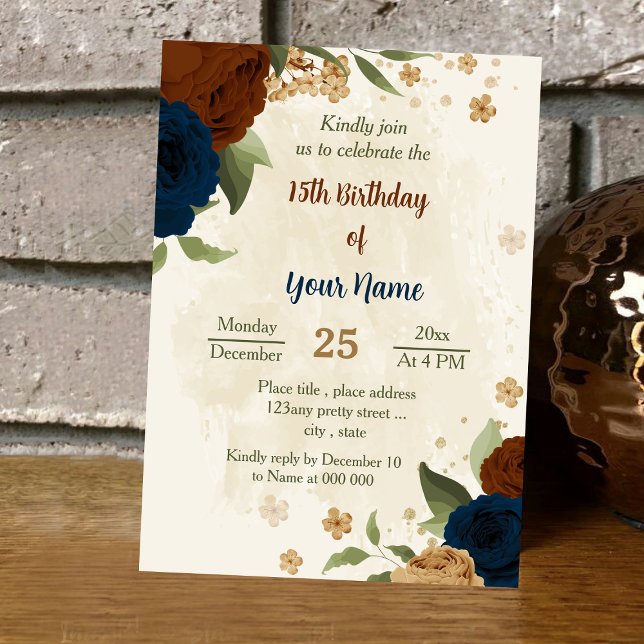 Invitación cumpleaños floral de terracota earth tone navy (Subido por el creador)