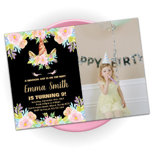 Invitación Cumpleaños Floral De Unicornio Negro Con Foto