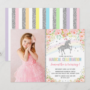Invitación Cumpleaños floral del arco iris del rosa de plata