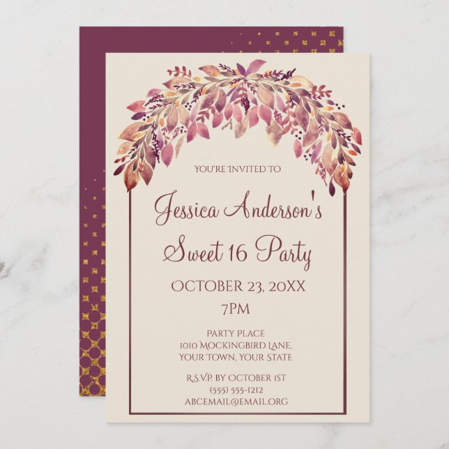Invitación Cumpleaños floral del dulce 16 de la caída del (Anverso / Reverso)