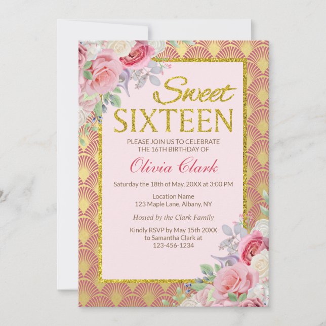 Invitación Cumpleaños floral del dulce dieciséis del rosa del (Anverso)