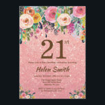 Invitación Cumpleaños floral del oro del rosa color de rosa<br><div class="desc">Invitación floral del cumpleaños del oro del rosa color de rosa del purpurina 21ra para las mujeres. Flor floral de la acuarela. Antecedentes color de rosa del purpurina del rosa del oro. Flor rosada, amarilla, anaranjada, púrpura. Cumpleaños adulto. décimotercero décimo quinto décimosexto décimo octavo vigésimo 21ro trigésimo 40.o 50.o 60.o...</div>