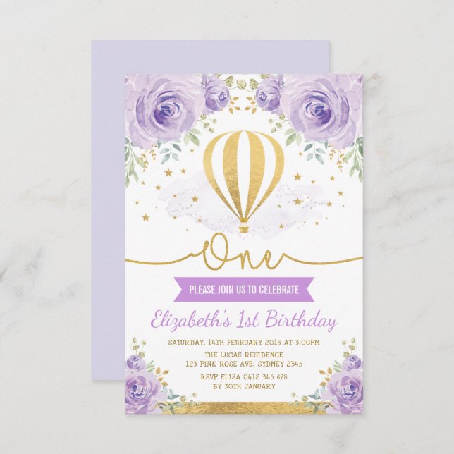 Invitación Cumpleaños floral del oro púrpura del globo del (Anverso / Reverso)