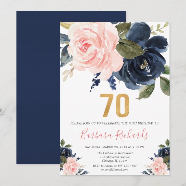 Invitación Cumpleaños floral del rosa y de los azules marinos (Anverso / Reverso)