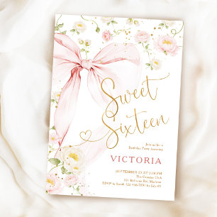 Invitación Cumpleaños Floral Dulces Dieciséis con Lazo Rosa