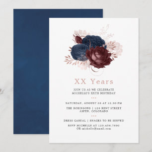 Invitación Cumpleaños floral en azul marino, granate y dorado