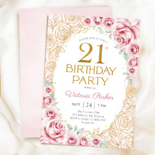 Invitación Cumpleaños floral femenino de 21 años en rosa y do