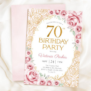 Invitación Cumpleaños floral femenino de 70 años en rosa y do