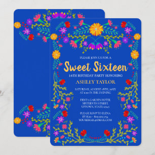 Invitación Cumpleaños Floral Fiesta Mexicana Azul Real Sweet