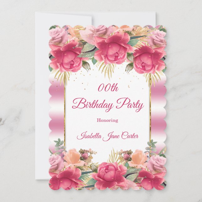 Invitación Cumpleaños Floral Flores Rosadas Bonitas Blancas (Anverso)