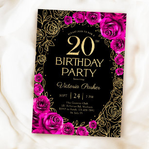 Invitación Cumpleaños floral fucsia rosa negro y dorado 20