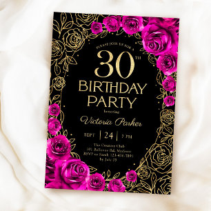 Invitación Cumpleaños floral fucsia rosa negro y dorado 30