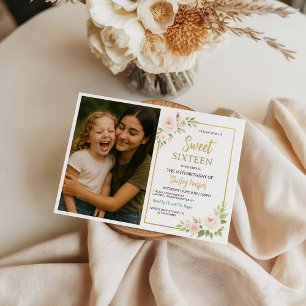 Invitación Cumpleaños Floral Gold Script Sweet Sixteen