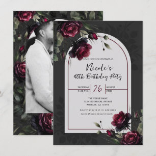 Invitación Cumpleaños floral gris sombrío de rosas rojas de B
