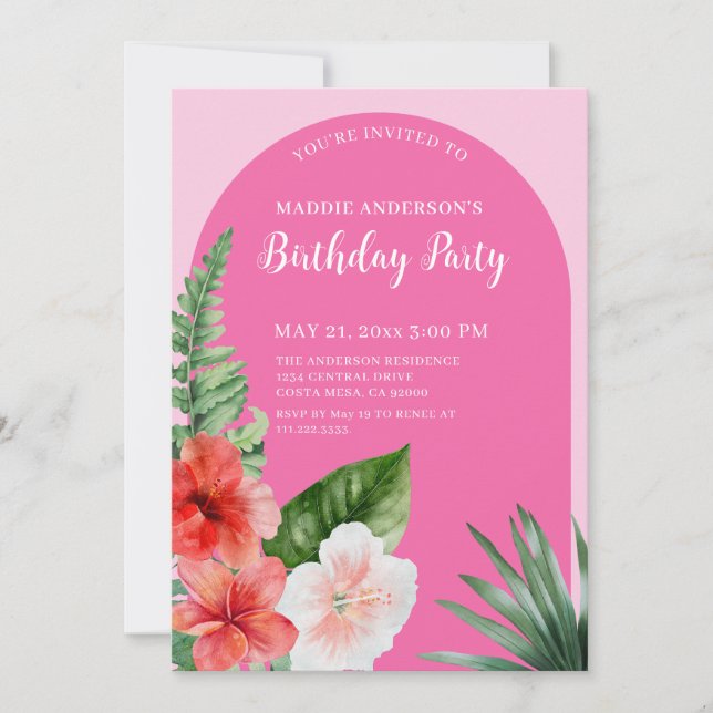 Invitación Cumpleaños floral hawaiano rosa (Anverso)