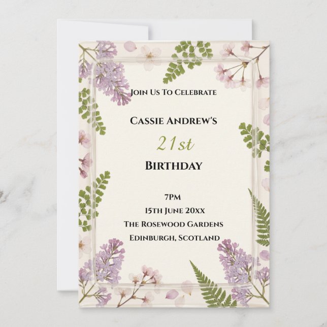 Invitación Cumpleaños Floral Lavanda Hito (Anverso)