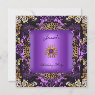 Invitación Cumpleaños Floral Leopardo Morado Dorado Negro