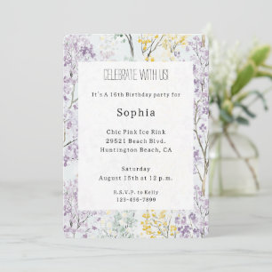 Invitación Cumpleaños Floral Lila Lavanda Verde Amarillo