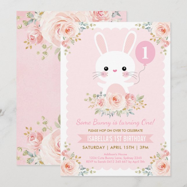 Invitación Cumpleaños floral lindo de Rubor Pascua del conejo (Anverso / Reverso)