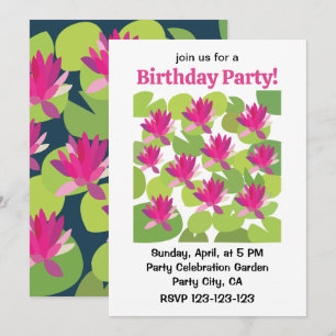 Invitación Cumpleaños Floral Loto Rosa Nenúfar Lilypad