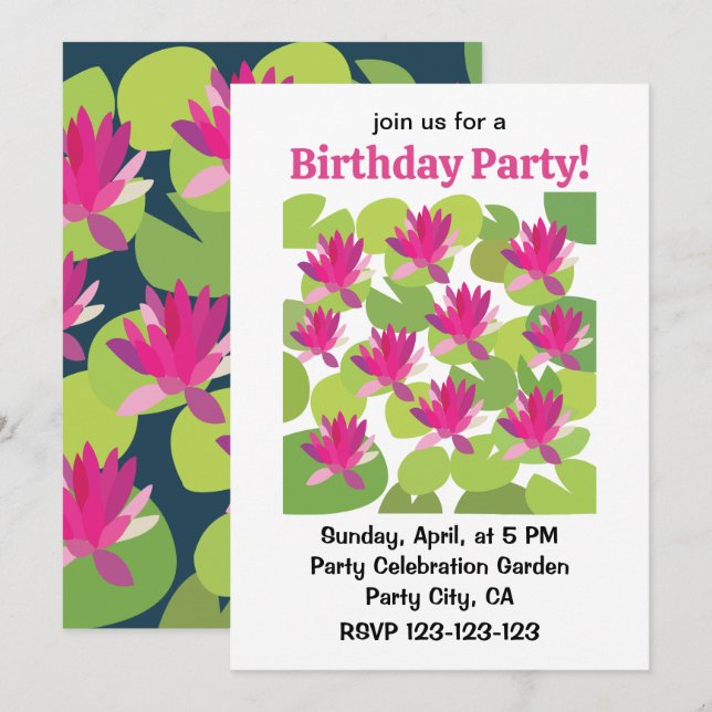 Invitación Cumpleaños Floral Loto Rosa Nenúfar Lilypad (Anverso / Reverso)