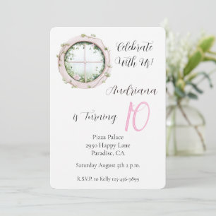 Invitación Cumpleaños Floral Mágico de Ventana Rosa