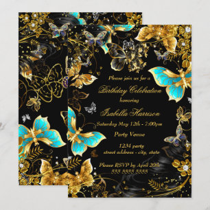 Invitación Cumpleaños Floral Mariposa Dorado Negro Turquesa
