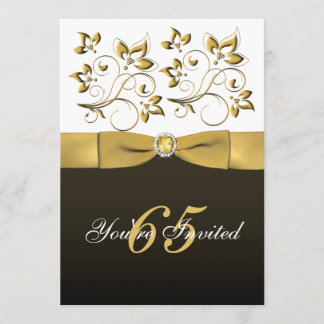 Invitación Cumpleaños floral negro, blanco, y del oro el 65.o