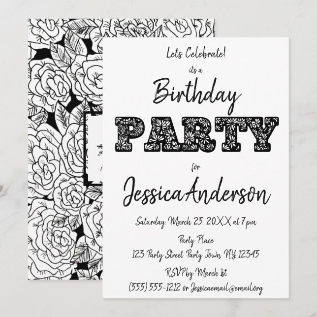 Invitación Cumpleaños floral negro del rosa blanco (Anverso / Reverso)