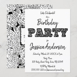 Invitación Cumpleaños floral negro del rosa blanco