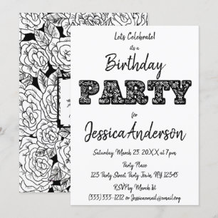Invitación Cumpleaños floral negro del rosa blanco