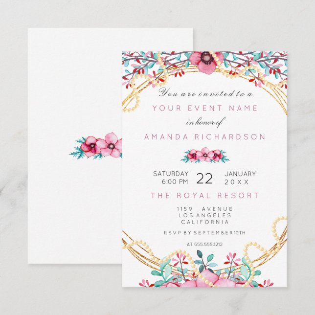 Invitación Cumpleaños Floral Nupcial Oro Rosa Perla Dulce Bla (Anverso / Reverso)