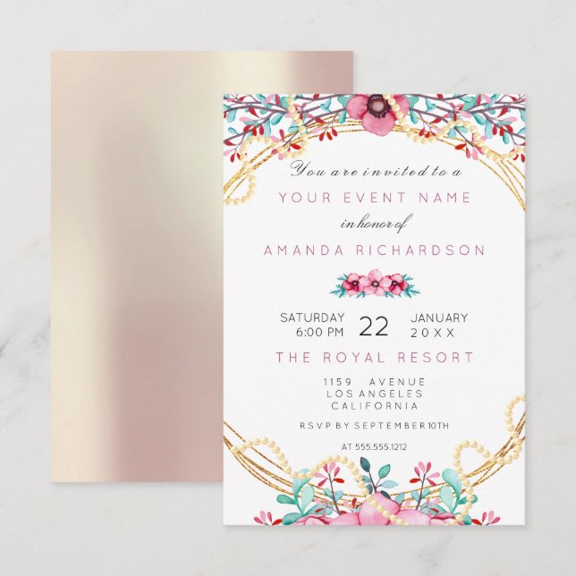 Invitación Cumpleaños Floral Nupcial Rosa Dorado Perlas Rosa  (Anverso / Reverso)