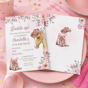 Invitación Cumpleaños Floral Occidental de Vaquera al Agua Ca